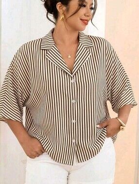 2x Striped Brown and Cream Button-Front Women’s Top